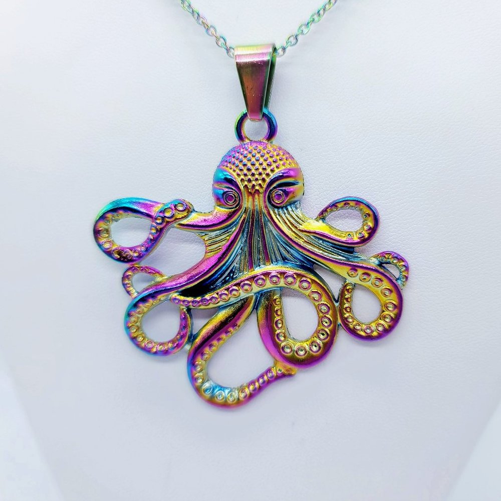 Rainbow Chromium Metal Octopus Pendant Necklace - 19" Chain - Hypoallergenic